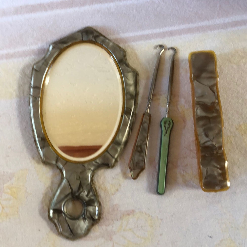 Vintage Lucite 4 pc mirror set green & grey